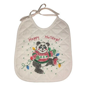 CHILD'S BIB Handmade Christmas Panda Embroidered Cross Stitch Quilted w/Ties